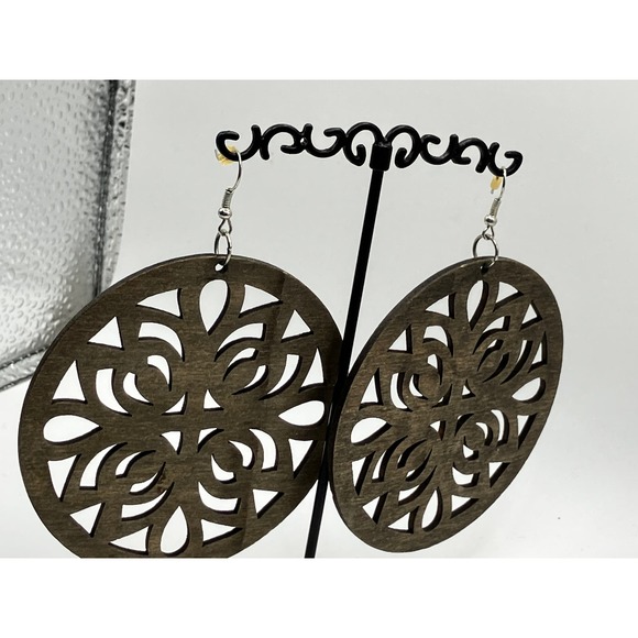 Floral Medallion Wooden Elegance Large Earrings! - Picture 4 of 6